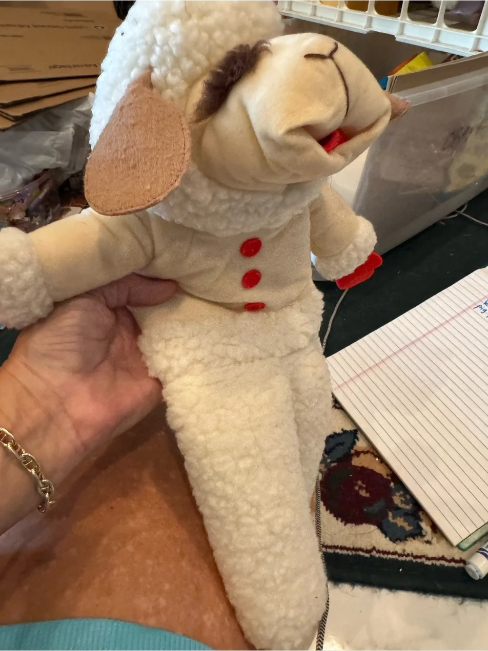 Plush Lamb chop puppet Toy in Cream with Red Accents